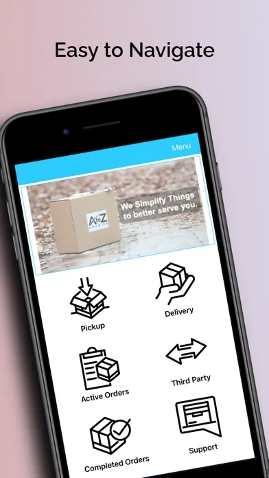 Menu de l’application A to Z Courier présenté dans un visuel de l’App Store.